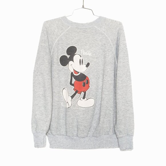 Vtg 80s Mickey Mouse Disney Graphic Florida Cotton Gray Raglan Sweatshirt - M - Picture 1 of 9